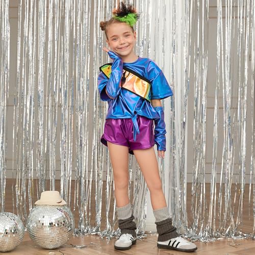 Image of Perfashion Girls Metallic Shirts Shiny Tie Front Knot Crop Top with Arm Sleeves for Dancing Raves Festivals 4-15 Years