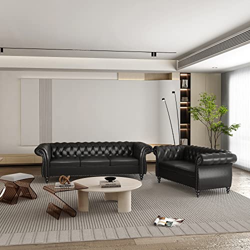 Image of QHITTY 2 Piece Living Room Set, Sectional Chesterfield Sofa Chair Contemporary Upholstered Artificial Leather Loveseat Couch Sets for Living Room, Bedroom, Office (Black)