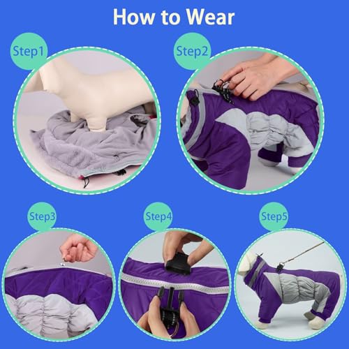 Image of MIGOHI Full Body Dog Coat,Warm Coats for Small Dogs | Reflective Winter Coat for Dogs with Harness,Turtleneck Dog Snowsuit with Legs,Windproof Pet Fleece Puffer Jacket,S,Purple