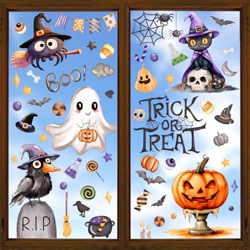 Heirloom Haven 6 Sheets Halloween Ghost Window Clings Trick or Treat Spiders Black Cat Crow Spooky Pumpkin Window Stickers for Halloween Home Holiday Party Store Glass Decoration