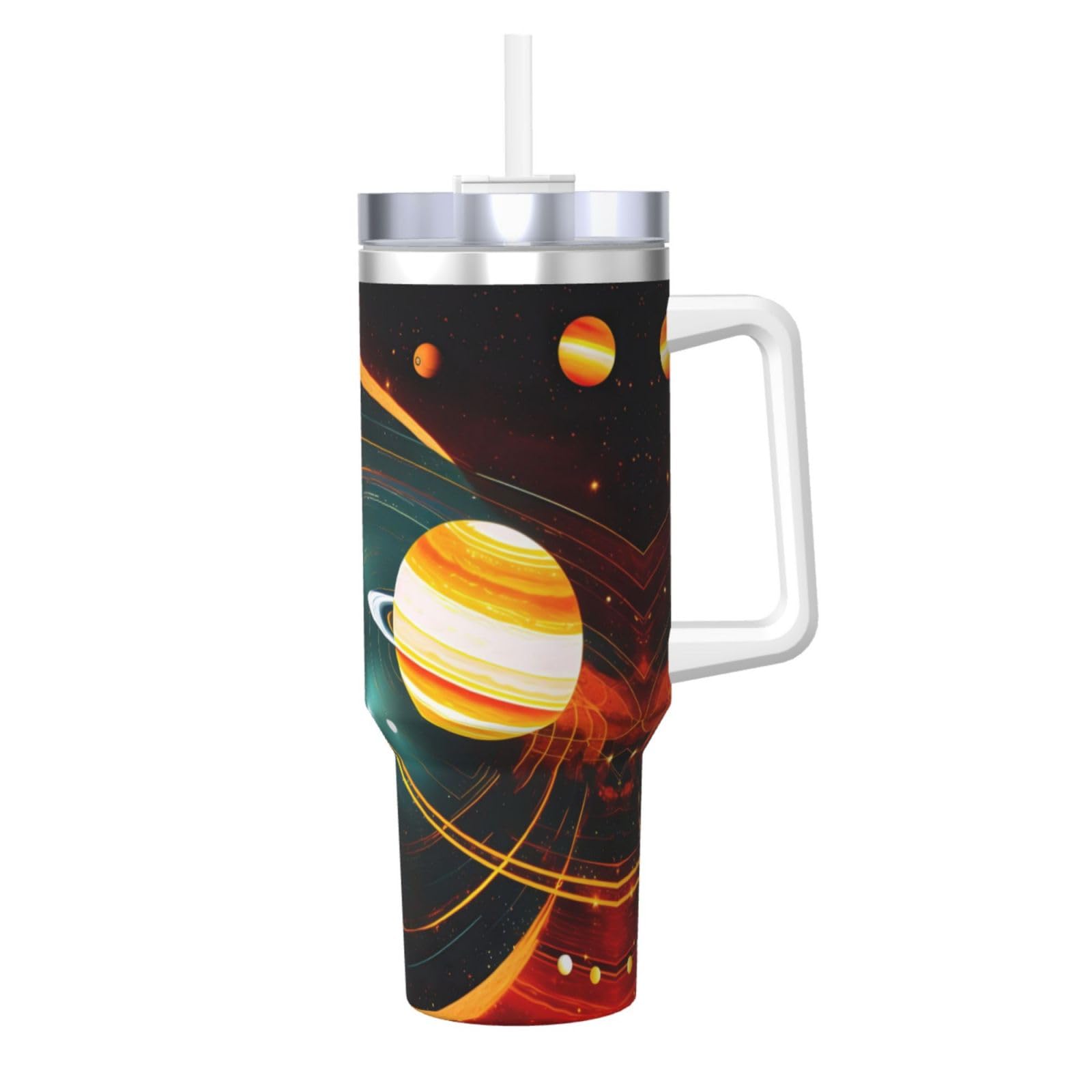 Solar System Jupiter Saturn Wasserflasche aus Edelstahl, doppelwandig, isoliert, mit Griff und Strohhalm-Deckel, 1,2 l