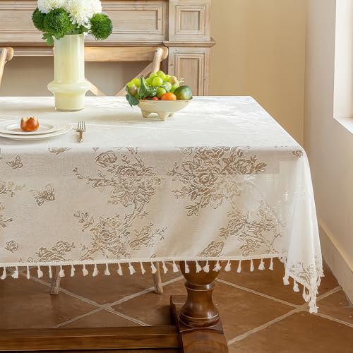 hometrixx Nappe 140x180 cm en Dentelle Brodée à Franges, Nappe Rectangulaire en Polyester Anti-dérapante pour Salle à Manger ou Cuisine (Blanc Cassé)