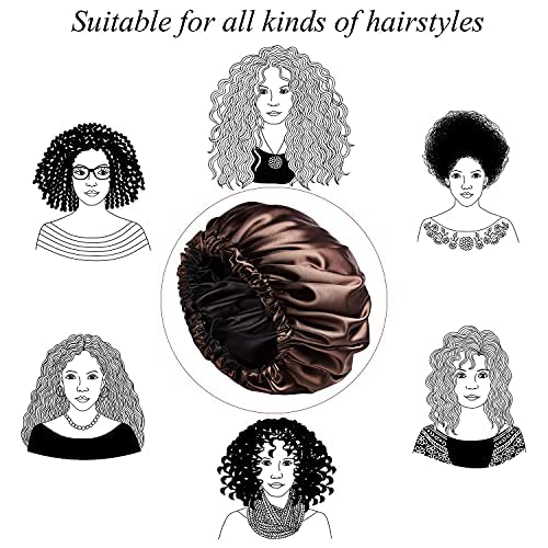Image of GO WELL Satin Silk Bonnet With 3 Scrunchies - Reversible Cap for Curly Hair, Sleeping - Adjustable Hair Wrap (Coffee)