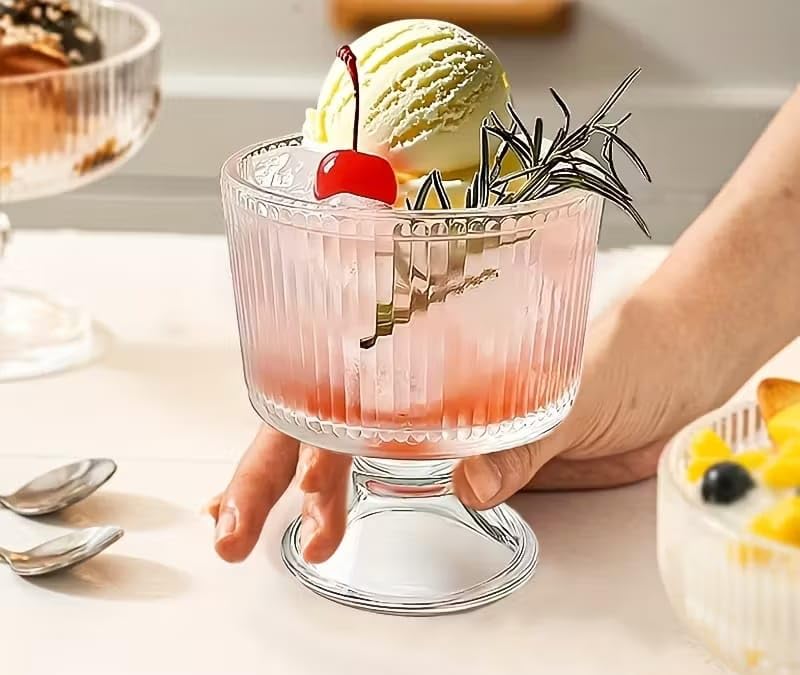 Image of PrimeWorld Glass Dessert Bowls 300 ml - Set os 6 Pcs | Footed Trifle Bowls & Crystal Glass Cups for Ice Cream, Fruits, Pudding, Snacks & Desserts