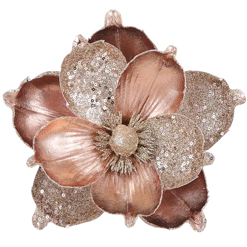 GL-Turelifes Fiori di magnolia artificiali, grandi, glitterati, 25,4 cm, 6 pezzi, pieghevoli, per decorazioni per albero di Natale, Capodanno, feste di matrimonio, centrotavola (oro rosa)