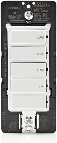 Leviton Interruptor temporizador de cuenta regresiva DT130-1LW para luces del hogar de baño, 5-10-15-30 minutos, no requiere neutral, un solo polo,