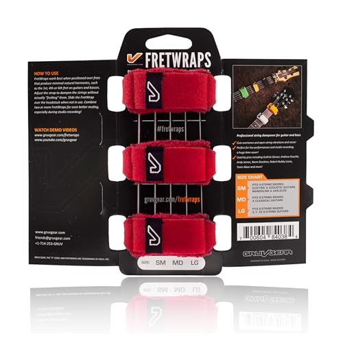 Image of Gruv Gear Fret Wrap & Guitar Mute, Fretwrap for Acoustic, Electric & Bass | String Dampener Recording, Tapping & Practice Accessory (3 Pack, Small Red, Fits 4 String Bass, 6 String Guitar)