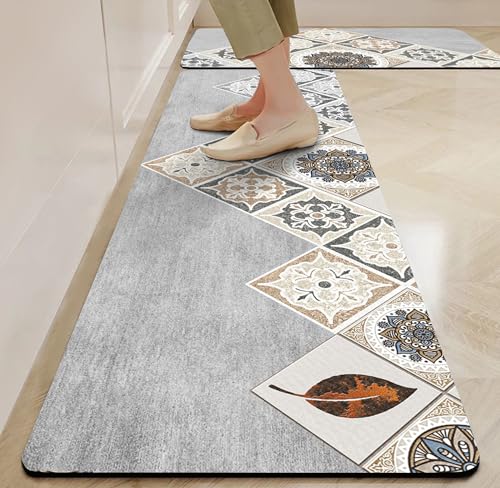 Image of Yellow Weaves- Non-Slip Kitchen Floor Mats, Water Absorbent, Rugs,Standing Rubber Mats for Kitchen, Office, Sink and Laundry Room, Mandala (Pack of 2)