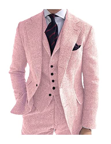 Mens Tweed Suit 3 Piece Slim Fit Vintage Peak Laper Blazer Single Breasted Vest Pants Prom Suits for Men