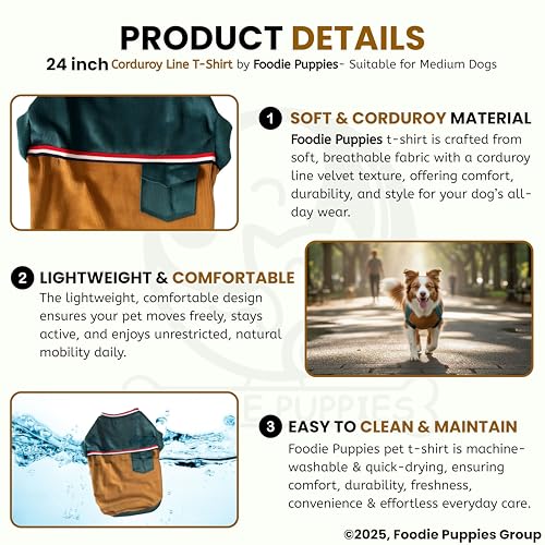 Image of Foodie Puppies Corduroy Line Velvet Pocket T-Shirt Warm Sweater Jacket - (24 inch, Tale & Brown) for Medium to Large Dogs | Soft, Lightweight Pet Apparel with Stylish, Comfortable & Stretchable Outfit