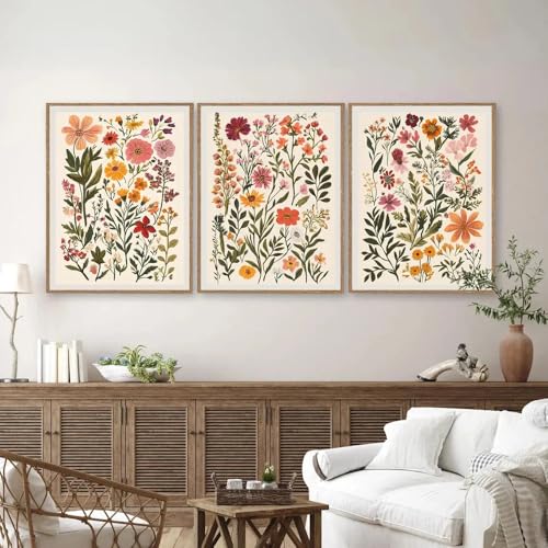 Carteles botánicos abstractos estilo boho y flores silvestres en lienzo de 60x70cm con 3 piezas