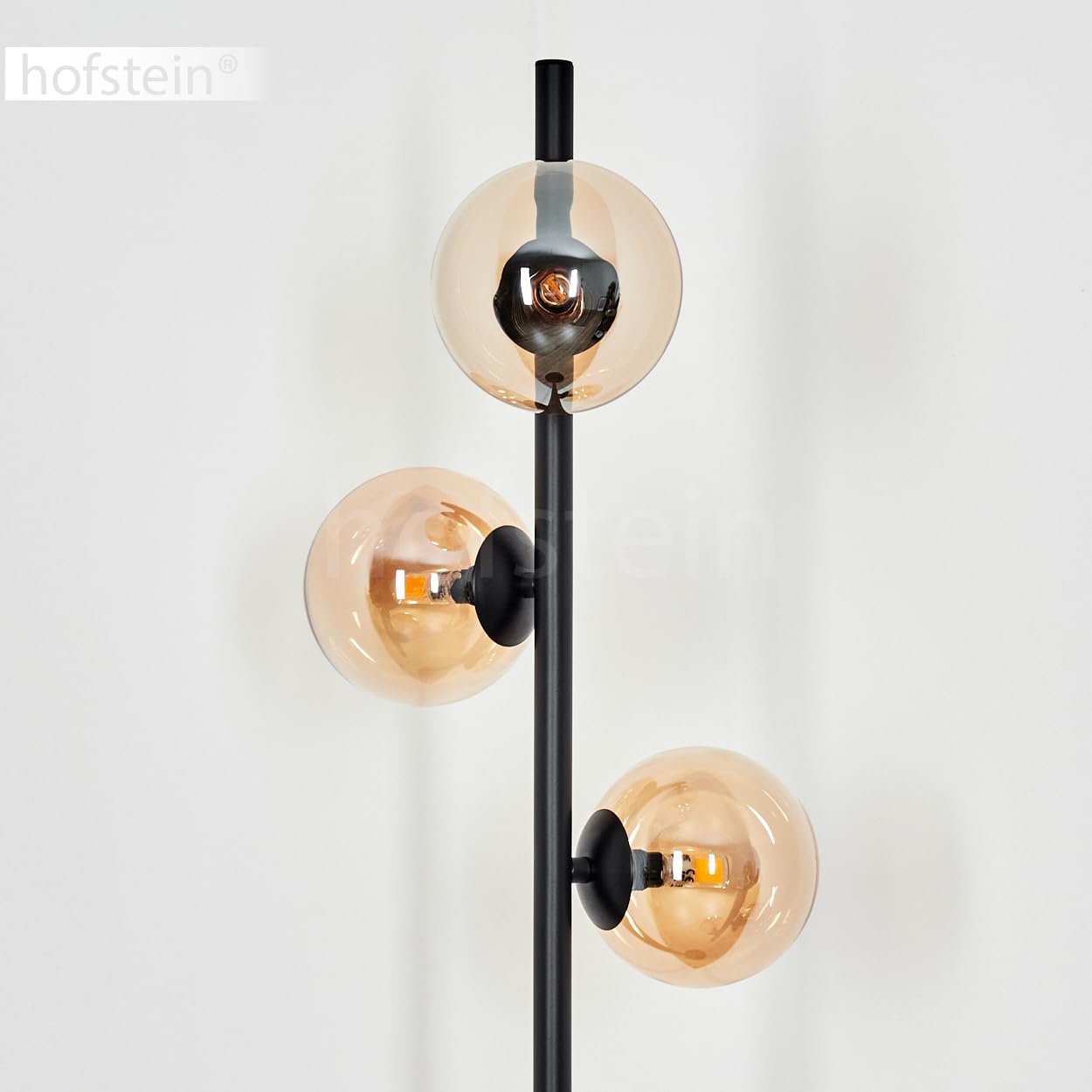 Stehleuchte Remaisnil, moderne Stehlampe aus Metall/Glas in Schwarz/Bernsteinfarben, Standleuchte mit Schirmen aus Glas (Ø 12 cm), mit Fußschalter am Kabel, 3 x G9, ohne Leuchtmittel