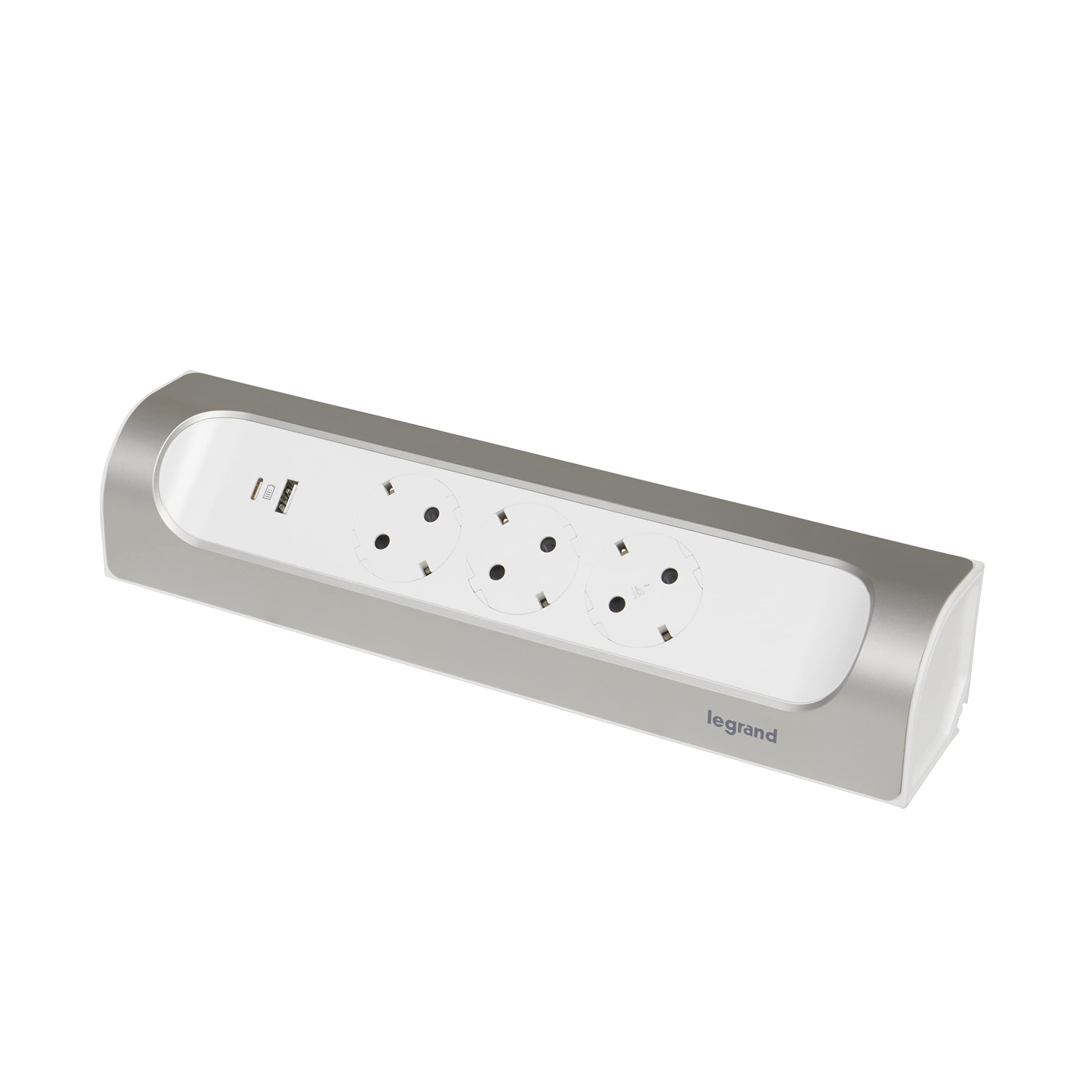 LEGRAND, Ecksteckdosenleiste, 45°abgewinkelt, 3-fach Steckdose, USB-A- und USB-C-Anschluss, 3000mA - 5,0V -15 W MAX, Wand- und Tischmontage, ohne Kabel, Ultraweiß/Aluminium, 694504