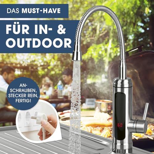 MAXXMEE Elektrische Edelstahl Armatur plus integrierter Durchlauferhitzer | Wasserhahn mit Heizspirale & LED Temperaturanzeige | 2 wechselbare Wasserhähne | über 60 °C warmes Wasser ohne Vorheizen