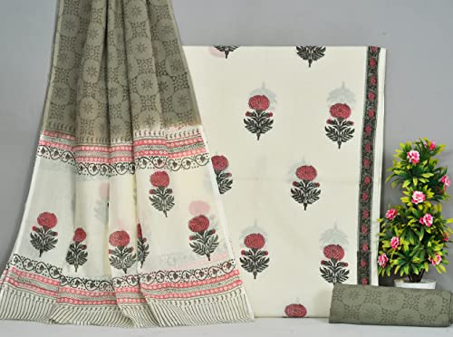 Image of NISHIRE Women's Cotton Jaipuri Hand Block Print Unstitched Suit Material with Cotton Mulmul Dupatta