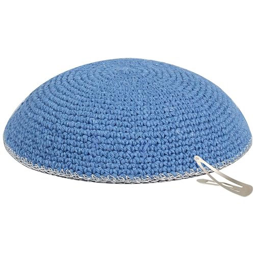 Zion Judaica Light Blue Knitted Kippah with Silver Trim Kipah Sruga 6.29' Medium Knit Kippah Comfortable Cotton Yamukas Dark Blue Textured Crochet Yamaka Hat Bar/Bat Mitzvah Skullcaps Wedding Yarmulke