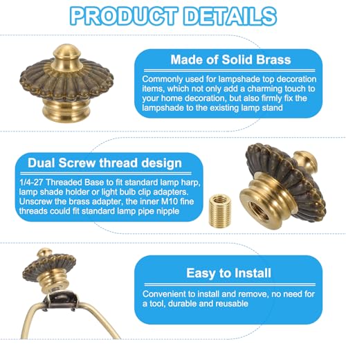 Image of PATIKIL 38 x 30mm Lamp Finials Caps Knob, 1 Set Solid Brass Lamp Shade Top Decoration Screw Cap Nuts with Brass Reducing Adapter for Table Lamps Floor Lamps, Retro Vintage (Pack of 2)