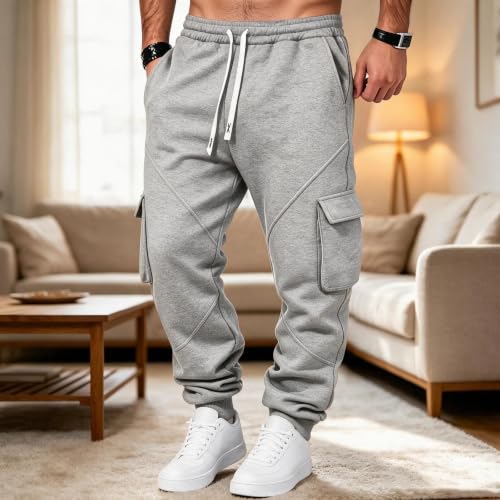 Pantalones Casuales para Hombres Cargo Sweatpants for Men Drawstring Baggy Joggers Hiking Fall Winter Pants Cargo Joggers Men Heavyweight Sweatpants Gray S - image 3
