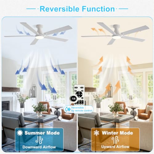 Image of Depuley Modern Ceiling Fan with Light: 60-Inch White Flush Mount Fandelier | Bedroom Indoor Outdoor Use, 5 Reversible Wood Blades, 6 Fan Speeds, Timing Function, Dimmable 3CCT, Remote Control Included