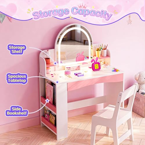 Image of Teckid Kids Vanity Table and Chair Set with Lights, Toddler Vanity Desk for Girls, Princess Makeup Vanity for Kids with Storage Shelves, Open Bookshelf and Stools, White