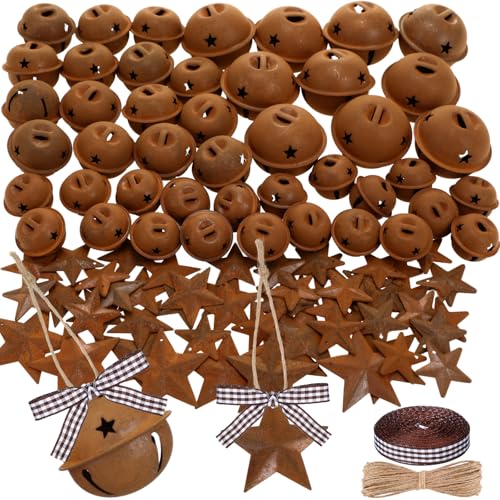 Vertintong 165 Pcs Christmas Rusty Metal Jingle Bells Kit Includes 80 Mixed Size Vintage Rusty Bells 80 Rustic Metal Star with Jute Rope Ribbon for Christmas Tree Decor 3 Size 1 1.18 1.57