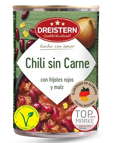 DREISTERN Chili sin Carne 400 g I Guiso vegano con frijoles rojos & maíz I Alto en proteínas con nutrientes de calidad I Larga duración gracias a la conservación natural I Calidad casera