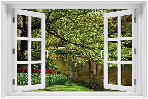 Wallario selbstklebendes Poster - Bunte Blumen im Park am Wasser - Frühblüher am Ufer in Premiumqualität, Größe: 61 x 91,5 cm (Maxiposter)