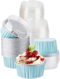 CURTEK 100 Pack Aluminum Foil Baking Cups with Lids 5 oz Dessert Cups Muffin Tins Disposable Mini Cake Pans Cupcake Cups Muffin Tins Liners for Wedding Birthday Individual Dessert Containers (Blue)