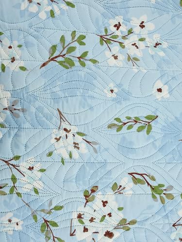 Image of Morado Ultrasonic Quilted Bedsheet for Double Bed (90x100 Inches) with 2 Pillow Covers | Floral Glace Cotton Bedcover 3 Pcs Set with Frill & Lace | 280 TC, All-Season Use | Blue Jasmine