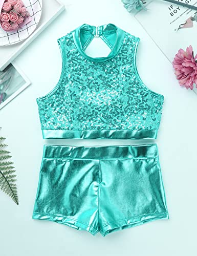Girls 2Pcs Dance Sports Outfit Shiny Sequins Cutout Back Crop Top Booty Shorts Gymnastics Dancing Clothes2