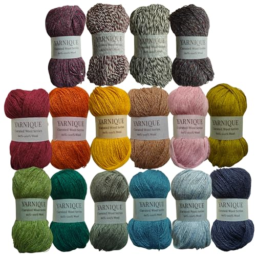 Yarnique Lace Weight Wool Yarn 16 Mini Skeins (25g Each) Multicolor Set (400g / 14.1 oz 3 520 Yards Total) Wool-Rich Blend for Knitting Crochet & Colorwork (Vintage)