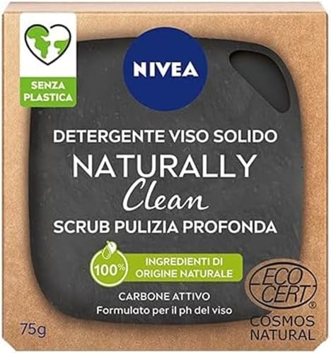 NIVEA NATURALLY CLEAN Solid Facial Scrub Limpeza Profunda 75 g, peeling facial 100% natural com carvão ativado e ácido cítrico, esfoliante de limpeza facial com fórmula vegana