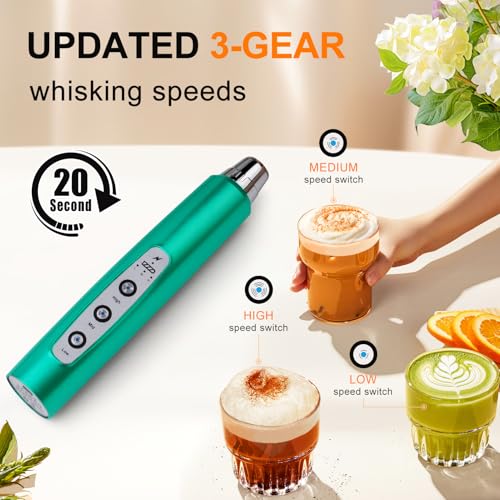 Image of YUSWKO Turquoise Handheld Milk Frother Wand for Coffee, Rechargeable Electric Whisk with 3 Heads 3 Speeds Drink Mixer Coffee Frother For Latte, Cappuccino, Hot Chocolate, Egg