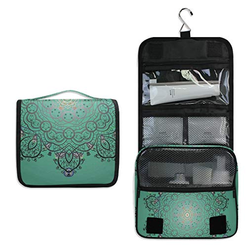 DoubleCW Green Mandala Hanging Travel Toiletry Bag for Women and Men Hygiene Bag Bathroom and Shower Organizer Kit with Elastic Band Holders for Toiletries, Cosmetics, Makeup, Brushes