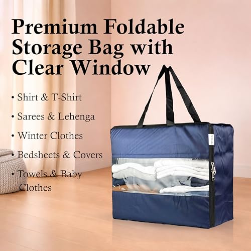 Image of CRASOME Pack of 2 Storage Bags for Clothes | Storage Bag for Saree Covers, Clothes, Lehenga, Bedsheets, Toys, Docs | Transparent Window Storage Box Bag - (STB-FT-BLU-PACK-2)