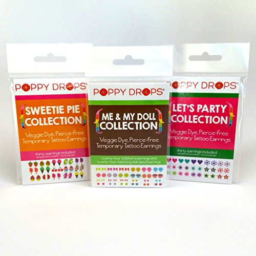 Poppy Drops 3-Pack Temporary Tattoo"Dress-Up Favorites" Earring Collections - Let's Party, Me & My Doll & Sweetie Pie Sets Temporary Tattoo Earrings. Safe, Non-Toxic Ear Piercing Alternative.