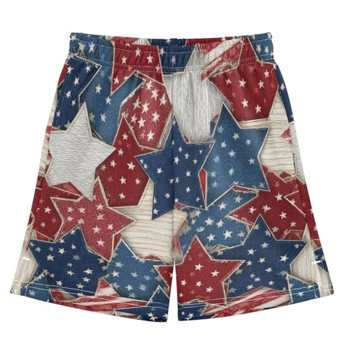 DOMIKING Blue Red Stars Kids Shorts Pull-on Boys Shorts with Elastic Waist Casual Athletic Pants for Playwear Summer Outdoor