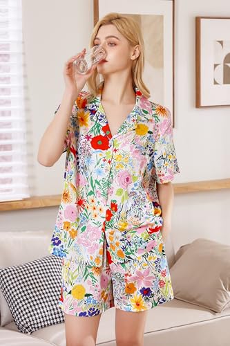 Image of YiNi LuLu Womens Silk Satin Shorts Pajamas Set Button Down 2 Piece Pjs Short Sleeve Oversized Sleepwear with Pockets