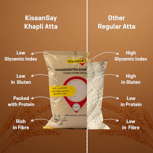 Image of KisaanSay Maharashtra Khapli Atta (5 KG) | Tradtionally Stone Chakki Ground | Stoneground High Protein Atta | Low Gluten Emmer Wheat Flour | High in Fibre & Easy to Digest Khapli Wheat Atta | Nutrient-Rich & Low GI Flour for Softer Rotis