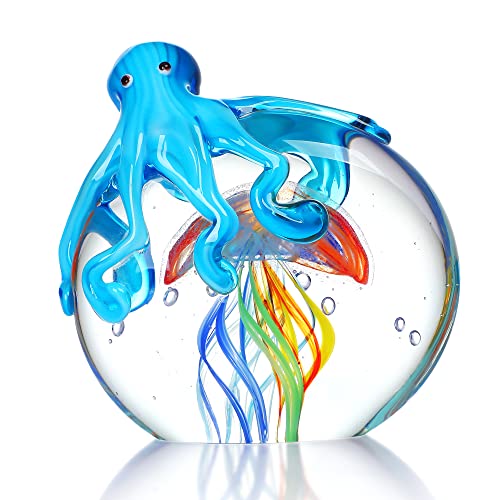 Colorful Octopus and Jellyfish Collectible Figurines Handmade Glass Paperweight Ornament Sea Animal Artwork Sculpture Home Aquarium Decor Gift Craft Decoration(5.3inch)