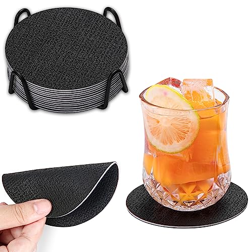 Chitomars Sottobicchieri in Pelle Set di 12, Antiscivolo Impermeabile Sottobicchiere Lavabili Bifacciale Sottobicchieri per Caffè, Bar, Ristoranti, Ufficio e Altro (Nero, Rotondo)