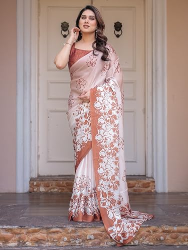Image of ALMAARI FASHION Women's Floral Printed Georgette Satin Saree with Unstitched Blouse Piece | Traditional Ethnic Wear Sarees | Soft Lightweight Ethnic Office Wear Daily Wear Indian Sari (SG 161-170 H)