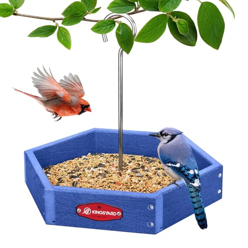 Kingsyard Large Hanging Platform Bird Feeder Weatherproof Durable, Recycled Plastic Tray with Metal Mesh, Easy Clean Outdoor Feeder for Cardinals Bluebirds Wild Birds, Blue