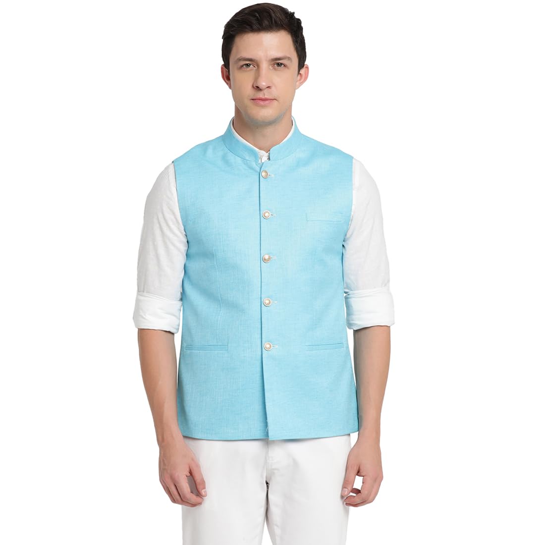 turtle Men Poly Cotton Sky Blue Solid Formal Nehru Jacket-picture-14