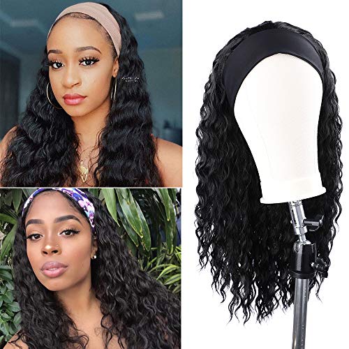 AISI QUEENS Headband Wigs for Women Long Curly Wigs with Headband Synthetic Black Headband Wig Glueless None Lace Front Wigs for Daily Party Use, Easy to Wear (24''）