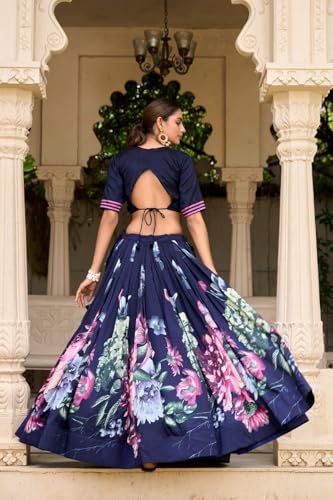 Image of TRENDMALLS Women's Jam Satin Flower Printed Semi-Stitched Lehenga Choli with Dupatta (L276-Blue-Semi-Stitch)