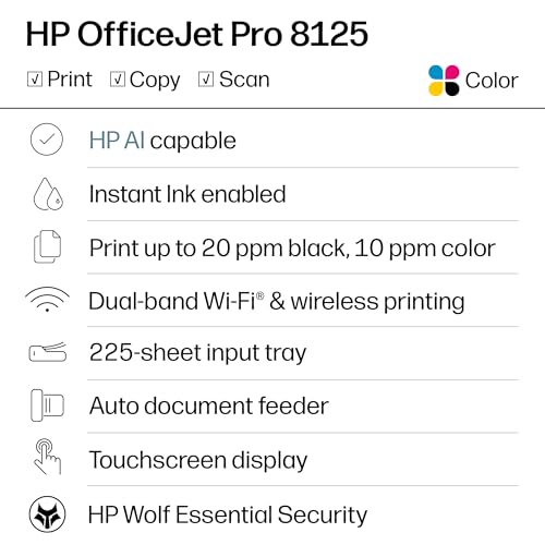 Image of HP OfficeJet Pro 8125 Wireless All-in-One Color Inkjet Printer, Print, Scan, Copy, ADF, Duplex Printing Best-for-Home Office, 3 Month Trial of Instant Ink Included, AI-Capable (C2VJ4A)