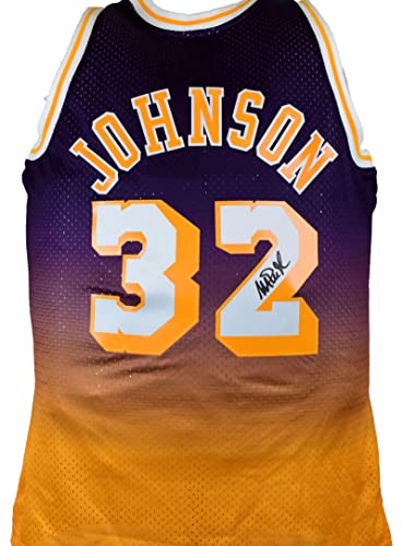 Magic Johnson Autographed Fadeaway Purple M&N HWC Swingman XL Jersey-Beckett W Hologram Black