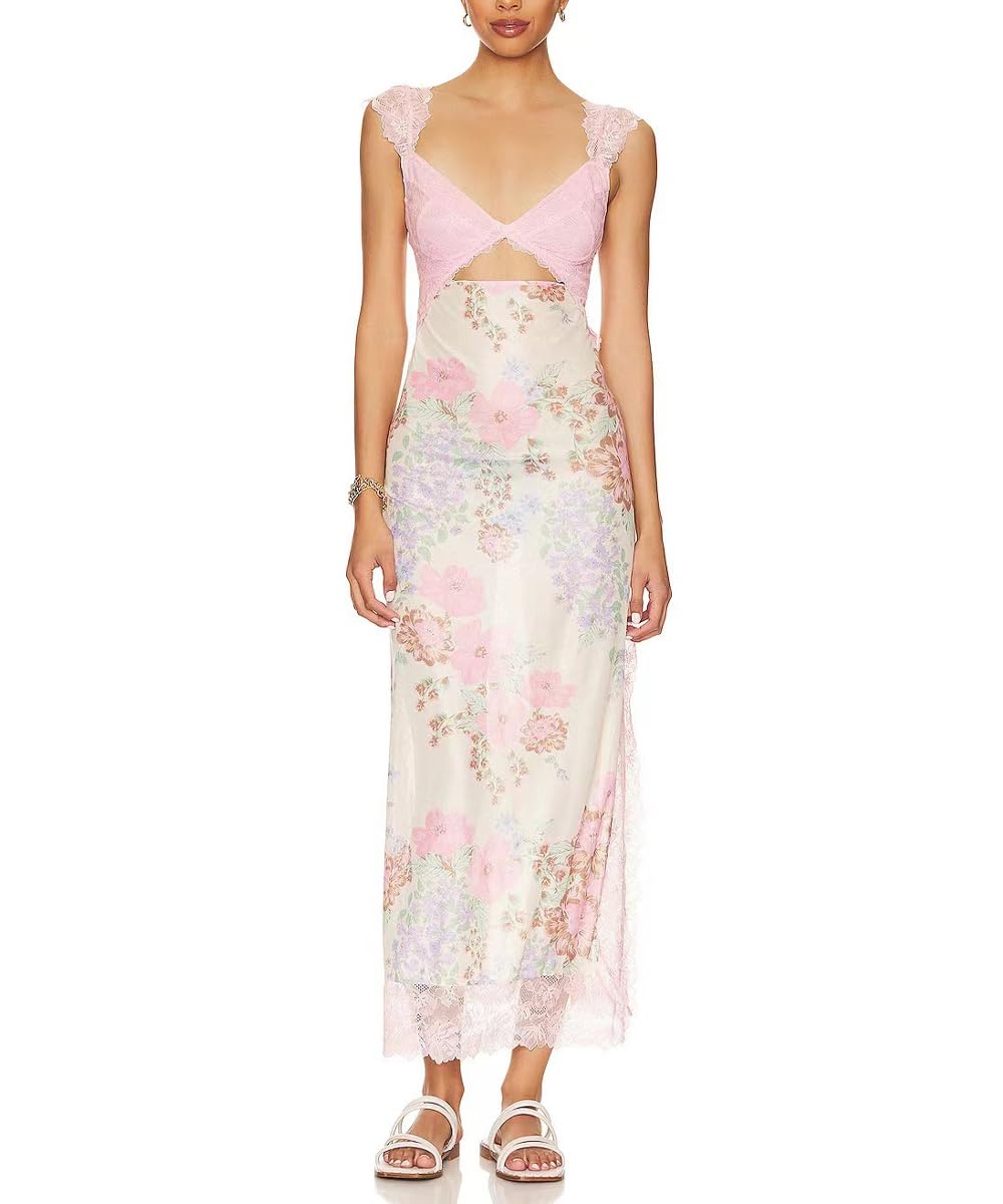 Photo 1 of Women Lace Dress Sexy See Through Sheer Mesh Floral Patchwork Long Dress Split Sleeveless Cover Up Maxi Dresses,Pink,L