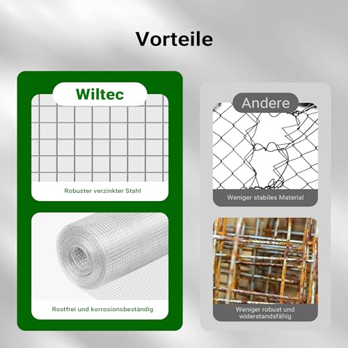 Wiltec Volierendraht 1 x 5 m, Hasendraht mit 6,3 mm Maschenweite viereckig, Kaninchendraht Stahl verzinkt, wetterfester Hühnerdraht für Gehege